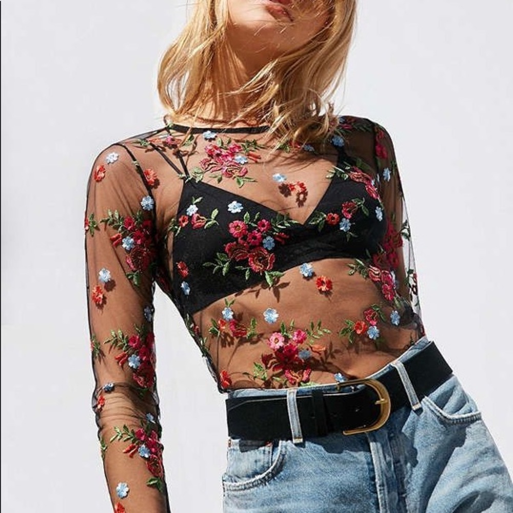Kimchi blue floral embroidered sheer crop top